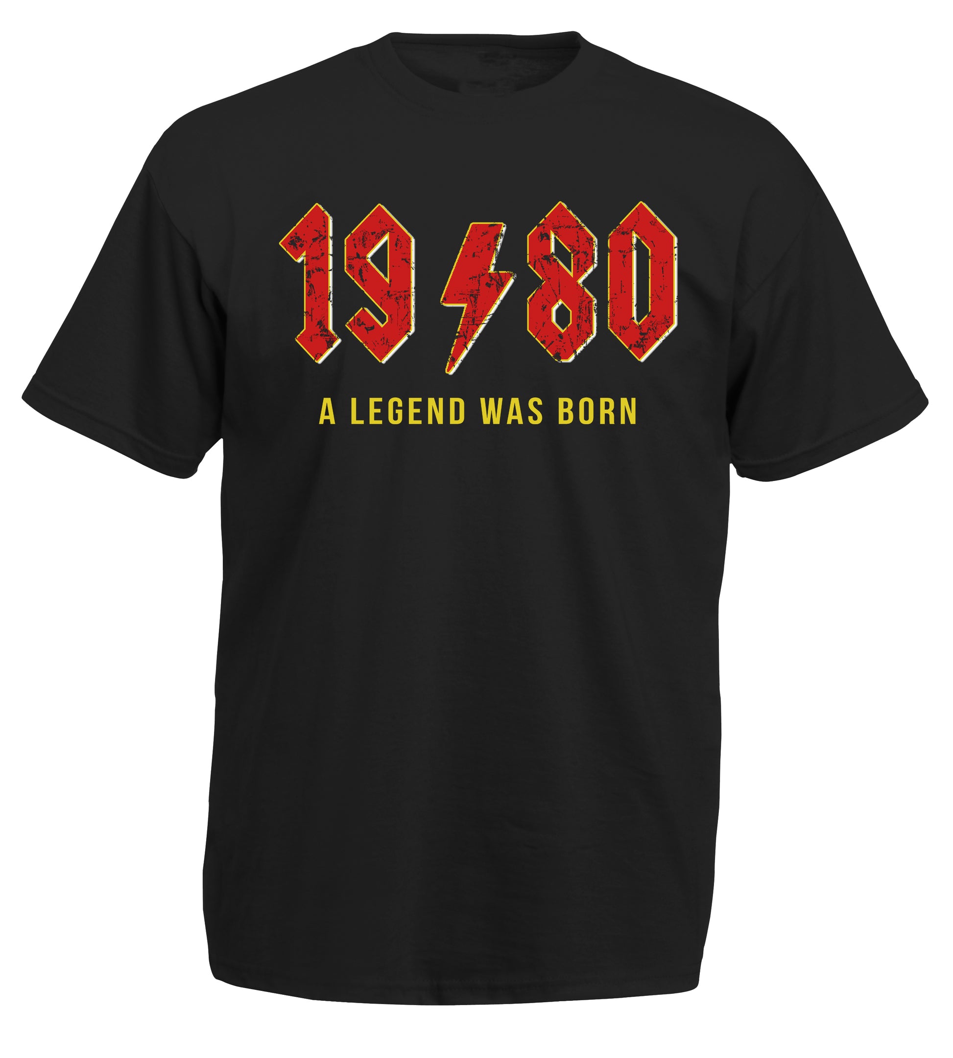 Black t-shirt with red and yellow text '1980 A LEGEND WAS BORN' on a white background