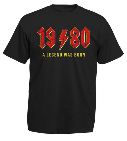 Black t-shirt with red and yellow text '1980 A LEGEND WAS BORN' on a white background