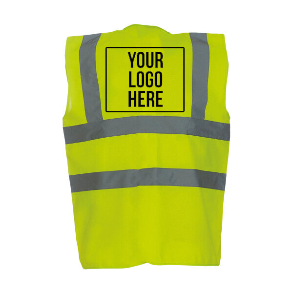 Yellow safety vest with customizable logo area on a white background