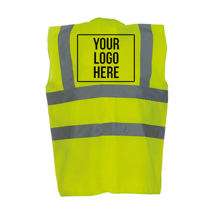 Yellow safety vest with customizable logo area on a white background